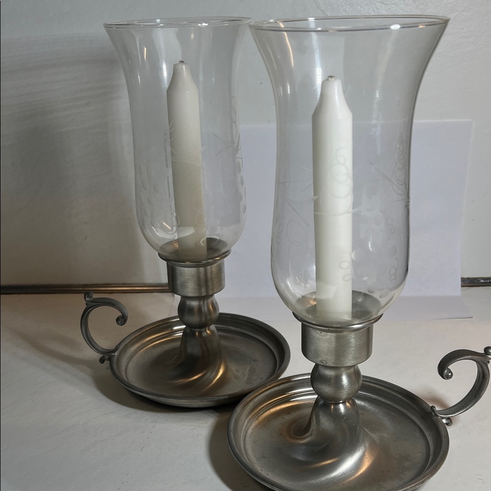 Pair of Clear Glass Hurricane Candle Holders with Silver-Pewter Bases